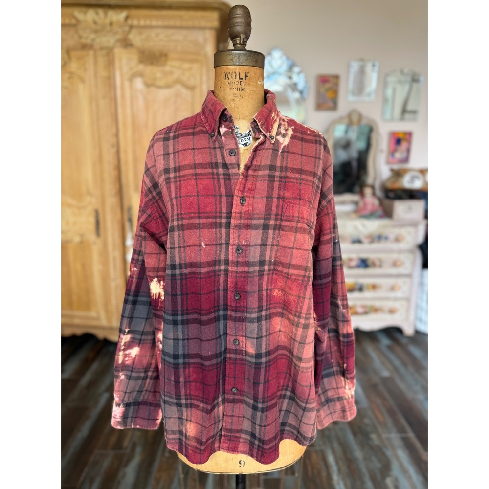 Upcycled Red Plaid Flannel Large Cannabis Patch Folk Art Shirt - Picture 7 of 7